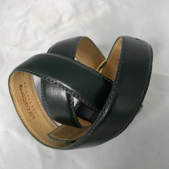 VINTAGE 90’s Liz Claiborne Fern Green Genuine Leather Belt Rubbed Gold Buckle M - Picture 3 of 11